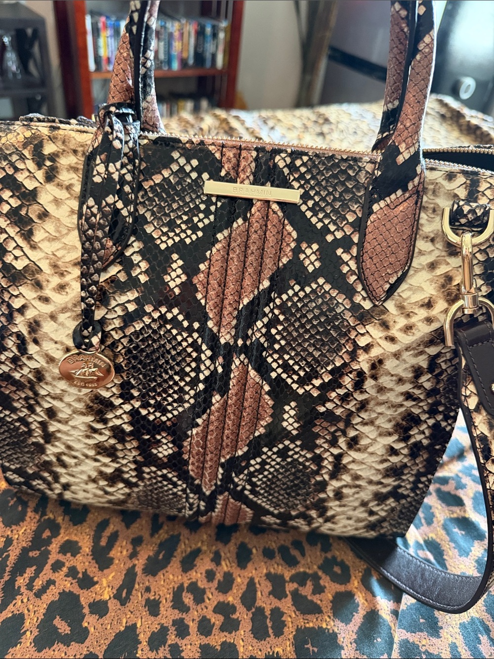 Brahmin Brown and Black Snakeskin-Print Satchel